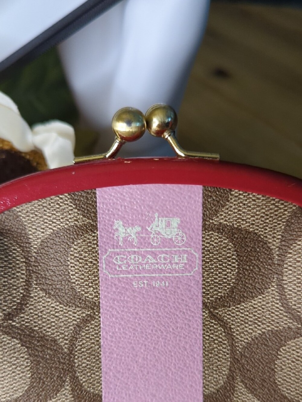 Coach Signature Canvas Kisslock Wristlet- Pink Patent Trim & Tattersall Interior - Picture 7 of 8